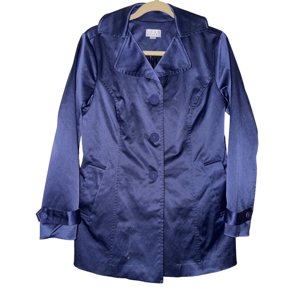 Joan Rivers Satin Trench Coat Navy Blue Button Front vintage Size S